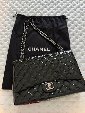 Authentic Chanel Classic Maxi Bag, Black Quilted Patent Leather/Silver Hardware
